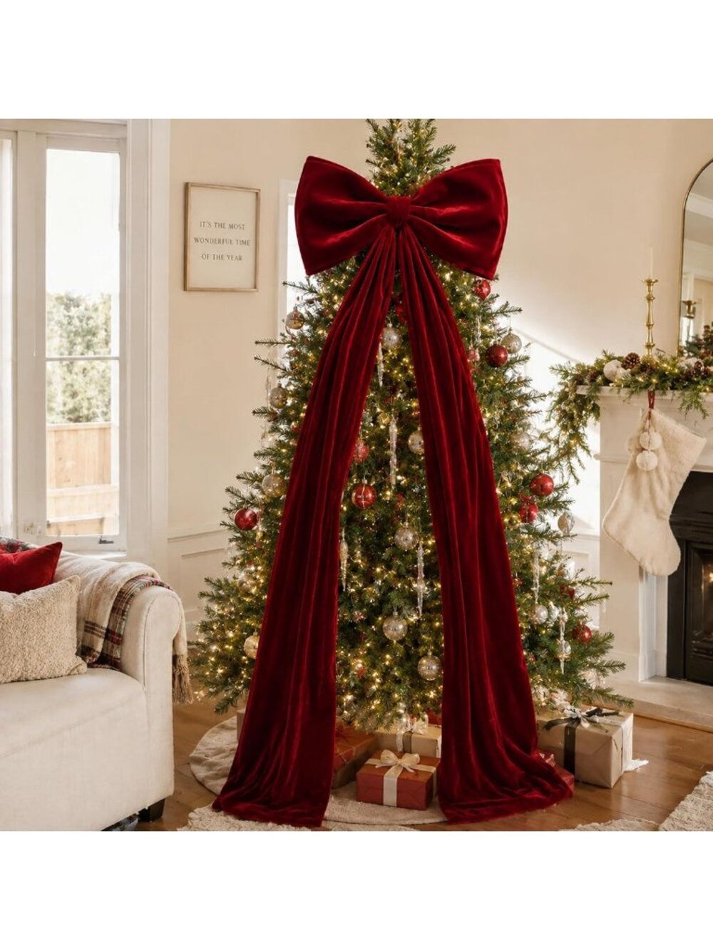 Large Velvet Christmas Tree Topper Bows - Elegant Holiday Decor for Festive